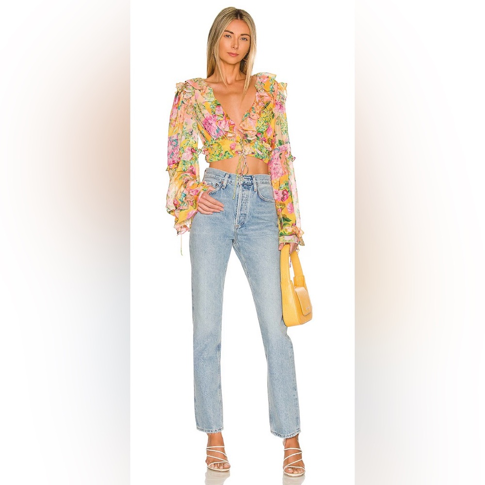 NWT RARE For Love And Lemons SOLD OUT Nina Pink and Yellow Ruffled Crop Blouse - Picture 4 of 8